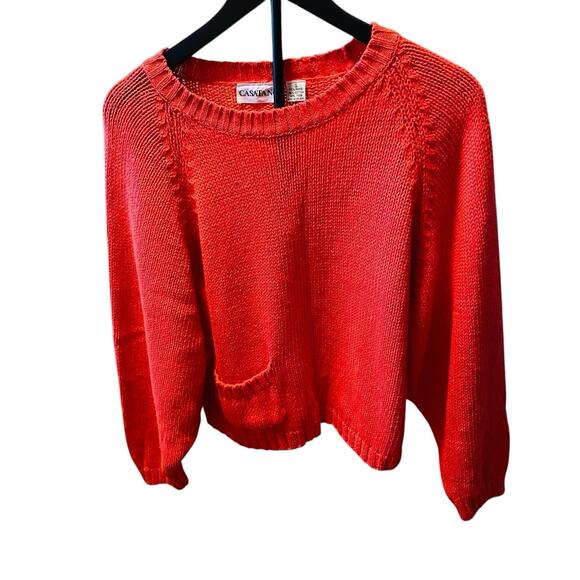 Vintage CASATANO Ramie Cotton Sweater Small Coral Orange-Red Knit Pocket 1980's - Picture 16 of 16
